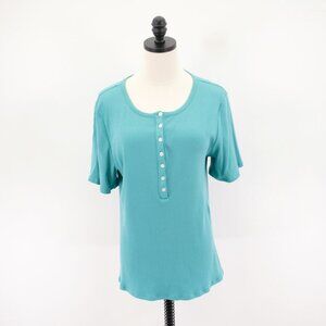 A.N.A. Teal 2XL Crew Neck‎ Button Ribbed Cotton Rayon Spandex Top Blouse